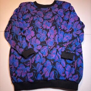 EnChante Vintage 80s Floral Knit Sweater Purple Blue USA Eclectic Grandma Vtg
